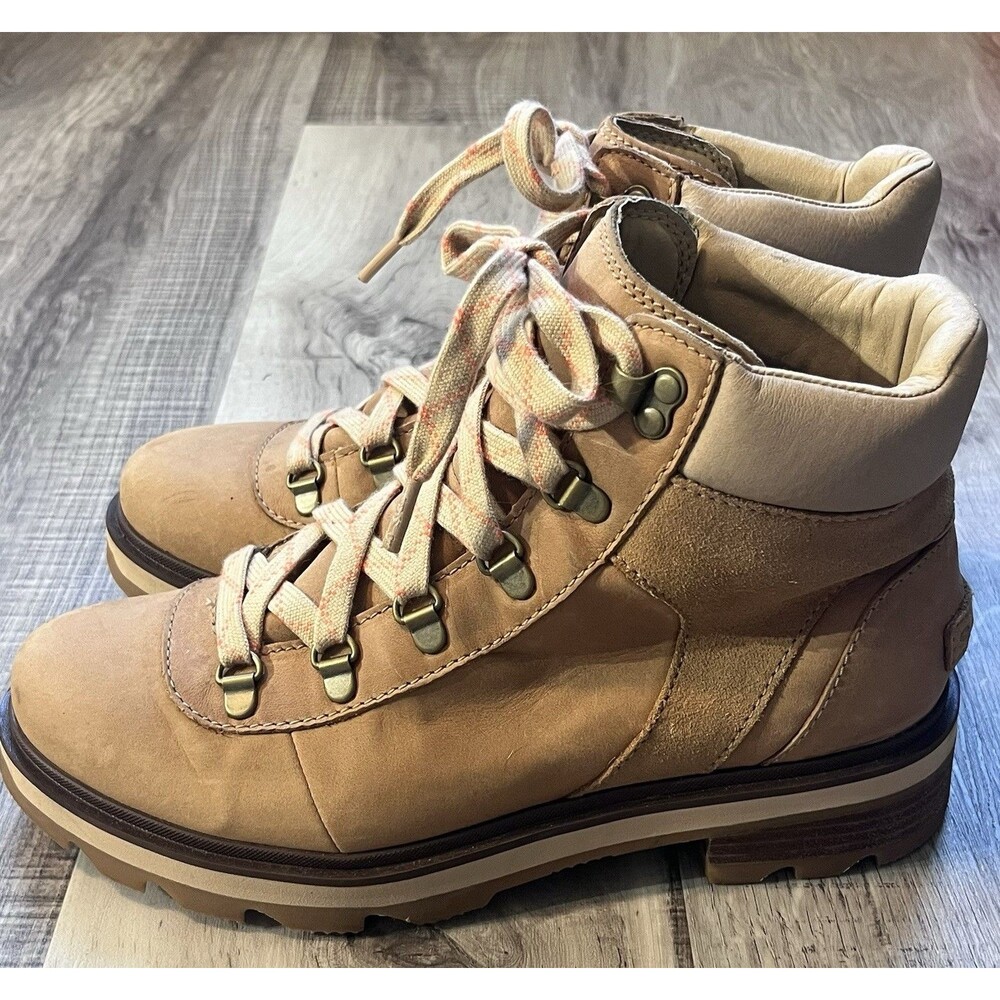 Sorel Boots Womens Size 9.5 Lennox Hiker STKD Waterproof Beige Leather Ankle